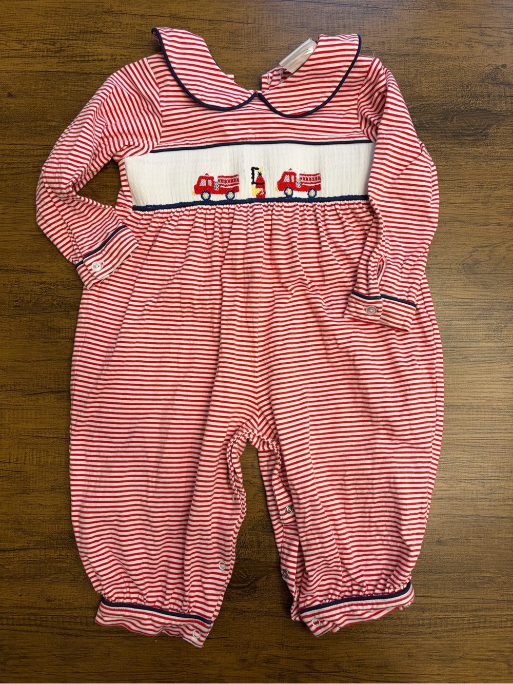 Red and White Striped Baby Romper with Firetruck Smocking